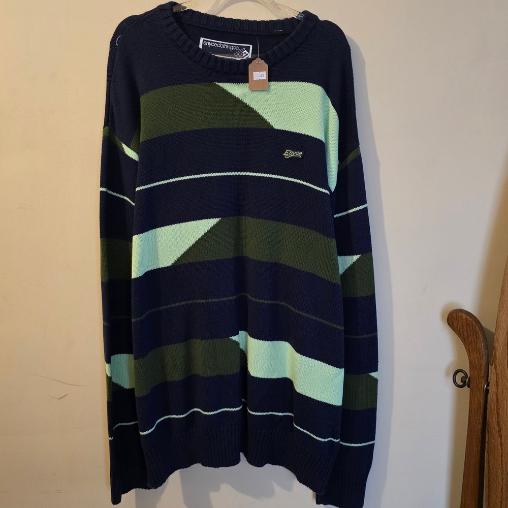 Enyce Clothing Co Mens Geometric Striped Knit Sweater Navy Green Crewneck XL